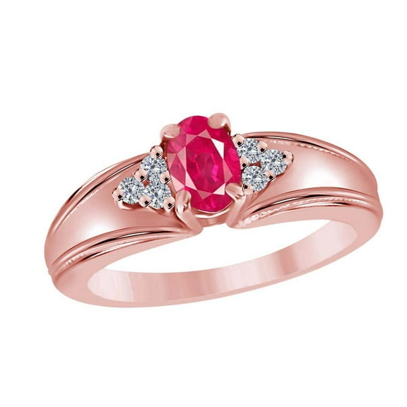 Aonejewelry 0.65 Ct 6x4 Oval Shape Created Ruby Gemstone (AA) With 6 white Side diamonds (HI/I1-I2) In 10K Rose White and Yellow Gold Engagement wedding Ring For Women