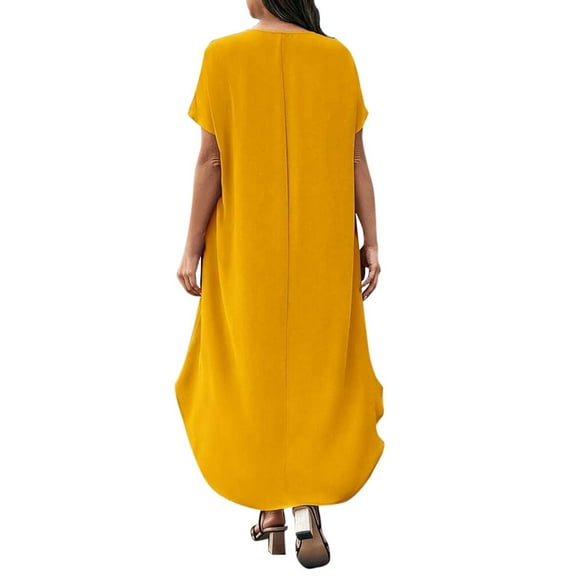 Plus Size Women'S Casual Summer Dress V Neck Solid Color Loose Fit Flowy Spring Maxi Tunic