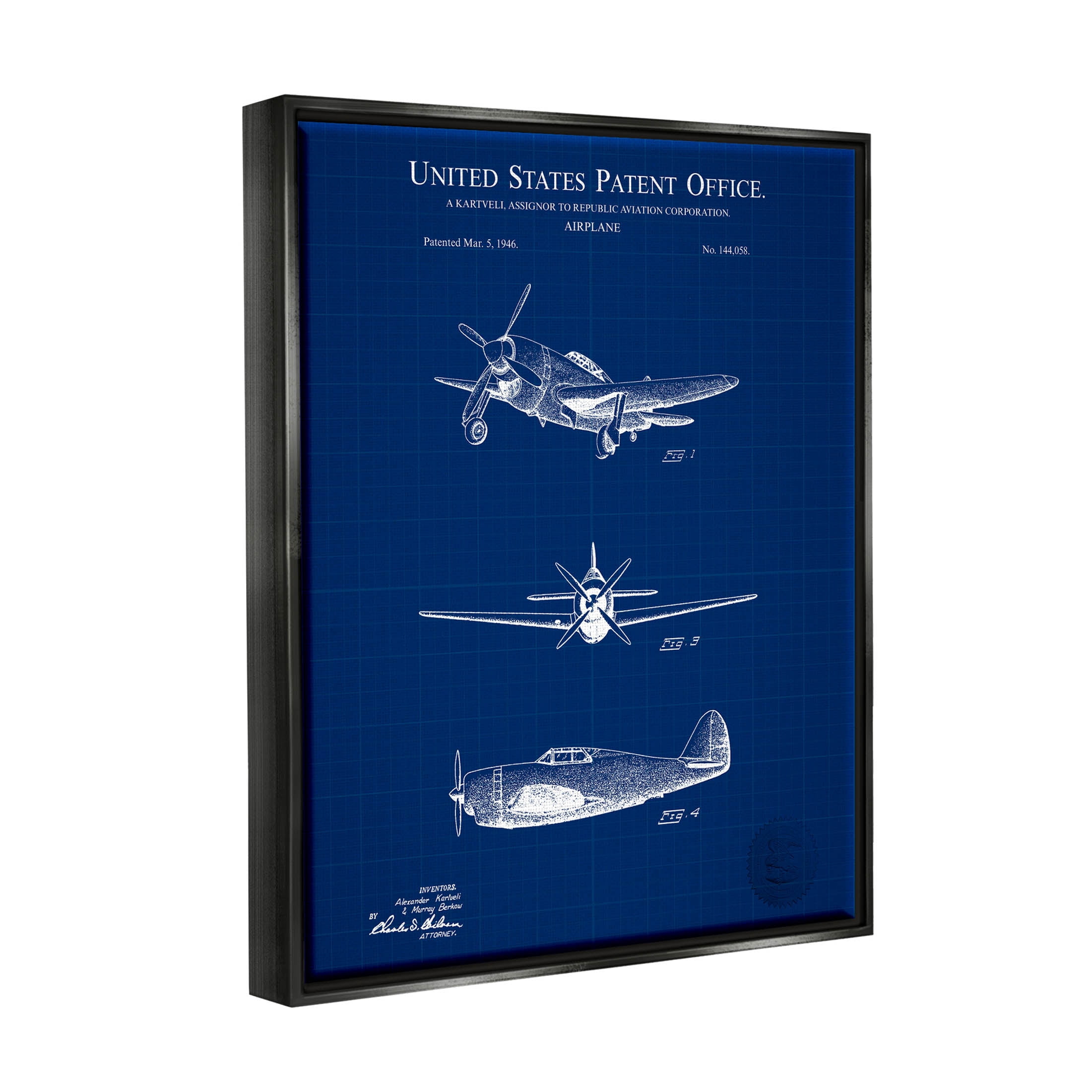 Stupell Industries Airplane Diagram Blueprint Chart Graphic Art Jet Black Floating Framed Canvas Print Wall Art, Design by Karl Hronek