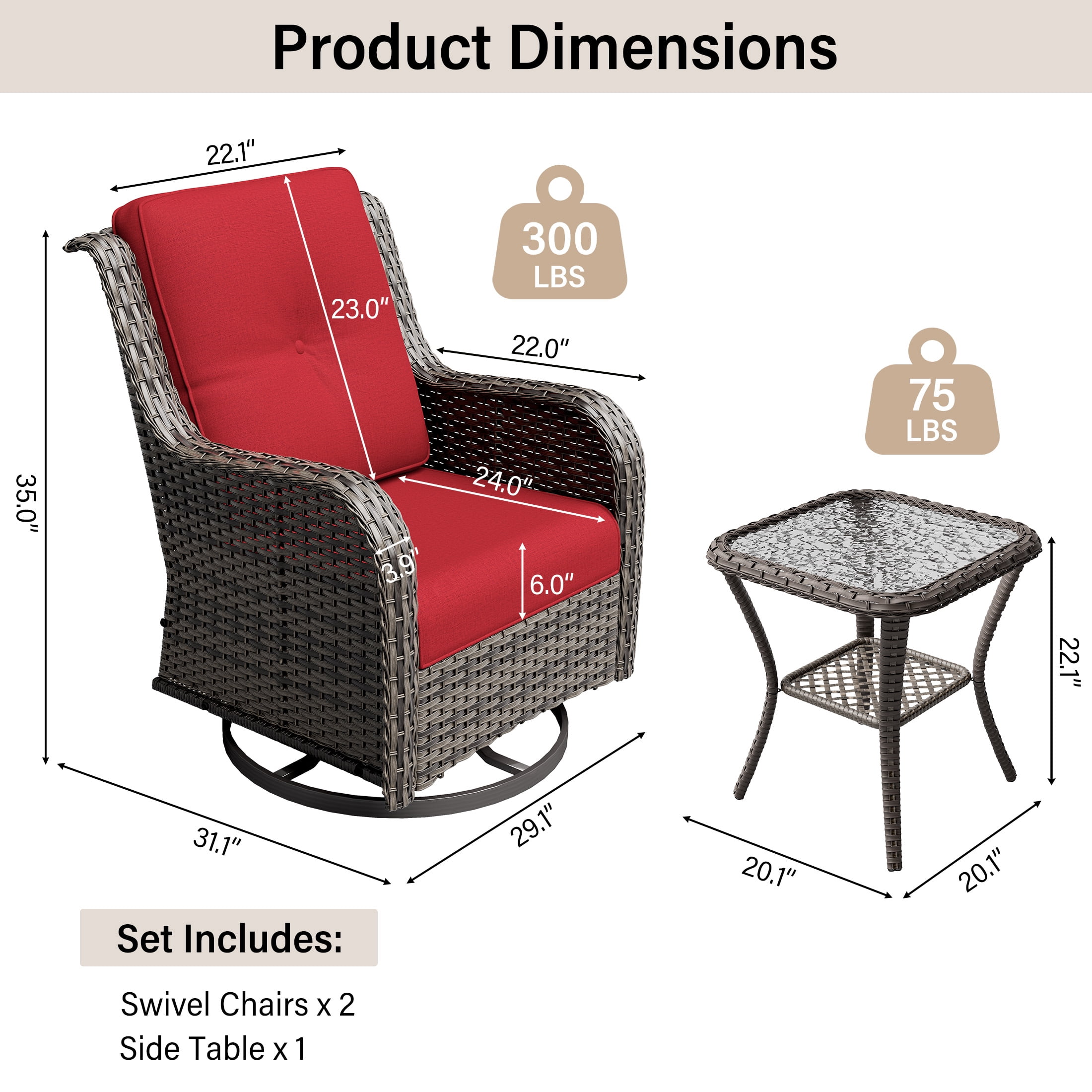 MeetLeisure 3 Piece Wicker Patio Furniture Set with Side Table, Outdoor Swivel Rocker Chairs with High Back, Deep Seating, Wide Armrest, Thick Cushions for Deck Porch, Red
