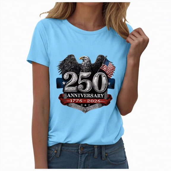Leey-World 250 Years 1776-2026 250th Birthday Eagle Liberty Bell T-Shirt 4th Of July Shirt Plus Size(Sky Blue,S)