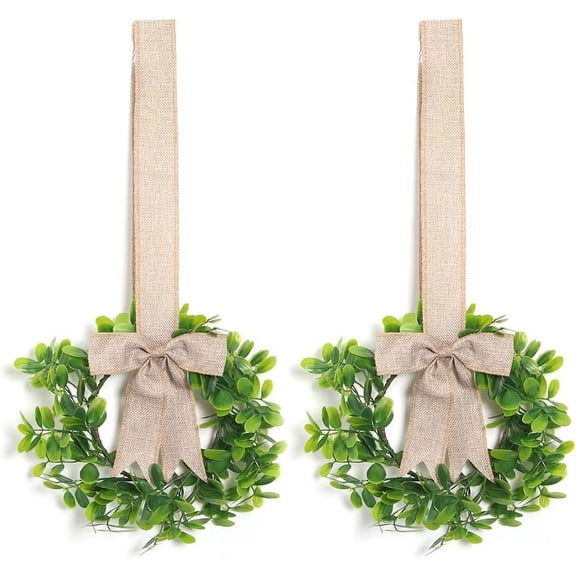 Dalrosia 2PCS Christmas Kitchen Cabinet Wreaths Decorative Boxwood Wreaths with Ribbon Artificial Greenery Wreath Small Farmhouse Wreaths for Kitchen