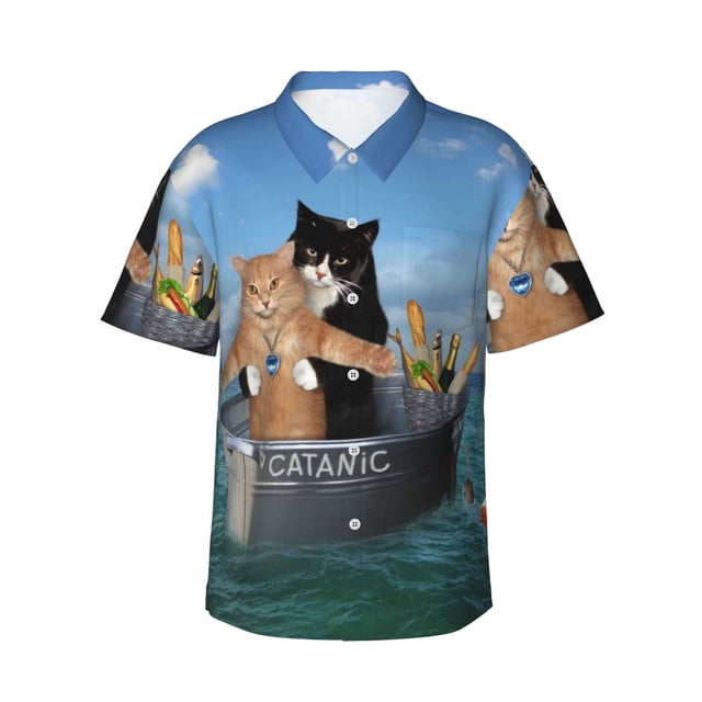 Fotbe Two Brave Cats Are Floating On The Sea Iceberg Camisa Hawaiana para Hombre Unisex – Camisa Casual de Verano con Botones de Manga Corta de Algodón y Lino,XX-Large