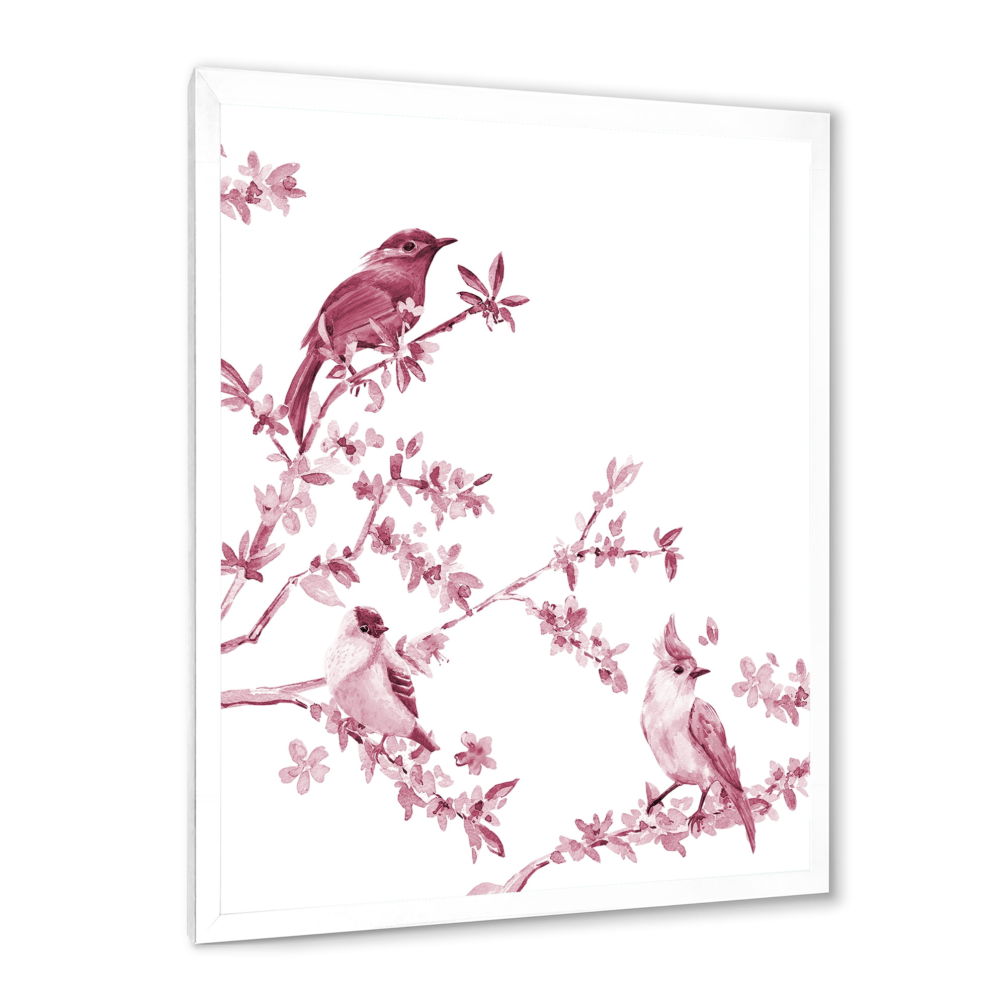 Beautiful Pink Birds Sitting On Flowering Branches 30 in x 40 in Framed Painting Canvas Art Print, by Designart