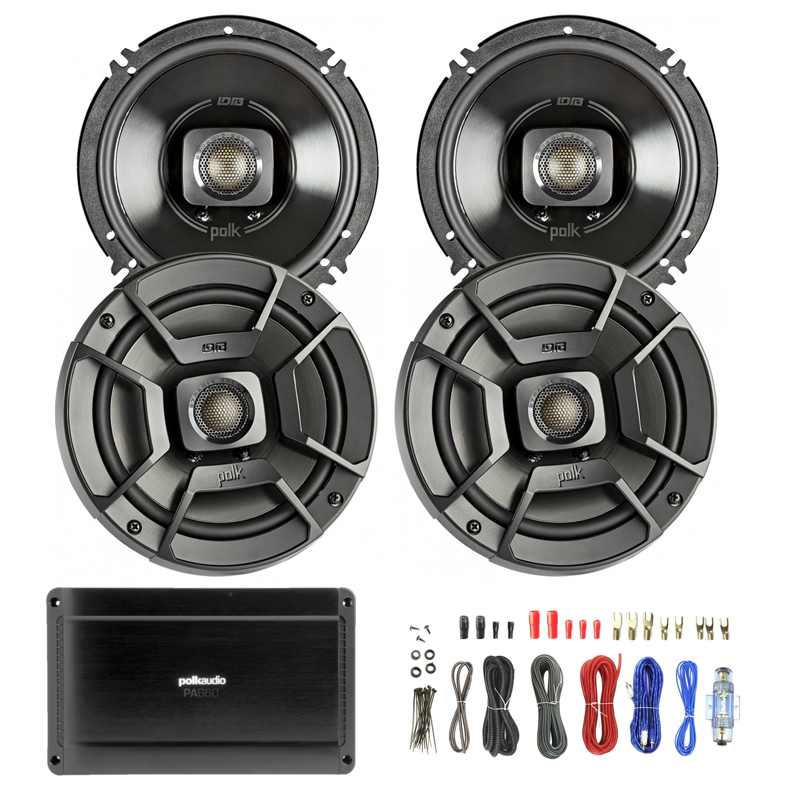 4X Polk Audio 6.5" 300W 2 Way Car/Marine ATV Stereo Coaxial Speakers, Polk Audio PA660 Digital Power Amplifier - 4 Channel, Enrock Audio 8-Gauge Amp Install ...