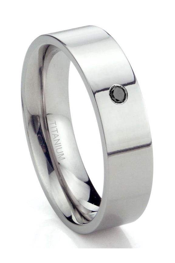 Titanium 6mm Solitaire Black Diamond High Polish Flat Comfort Fit Mens Wedding Band Ring Sz 11.5