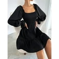 thumbnail image 4 of Women'S Square Neck Lantern Long Sleeve Ruffle Shirred Flowy Party Mini Dress Black L, 4 of 7