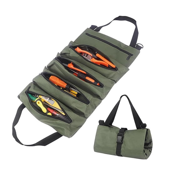 Damkogic Heavy Duty Canvas Tool Roll Bag, Portable Wrench and Ratchet Organizer for Garage, Car, Truck and Camping, Green