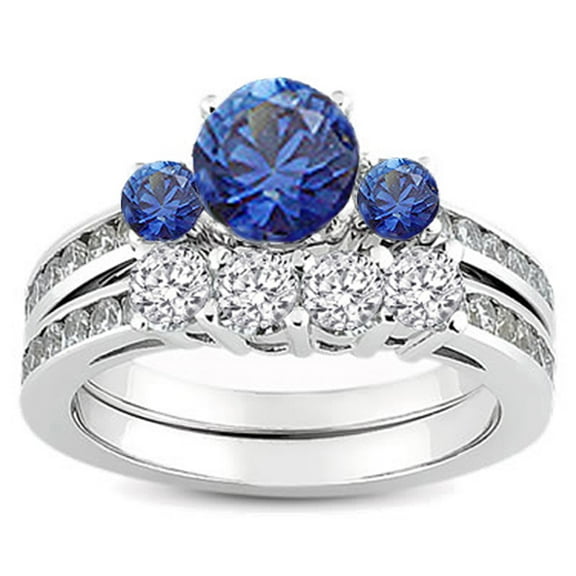Dazzlingrock Collection 14k Blue Sapphire & White Diamond Ladies Bridal Engagement Ring Matching Band Set, White Gold, Size 7