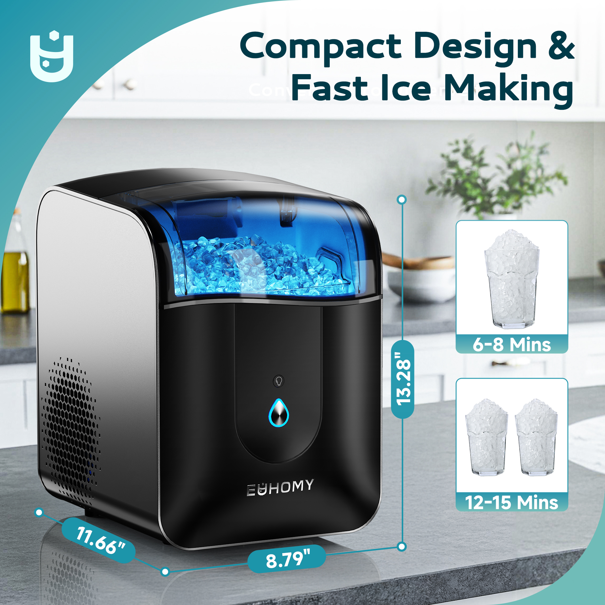 EUHOMY Countertop Nugget Ice Maker - 40Lbs/24H Soft Nugget Ice, Ultra-Quiet & Self-Cleaning, Compact for Home/Party
