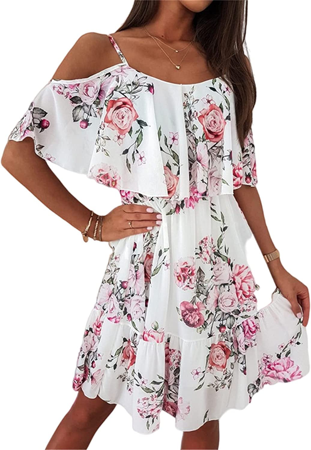 CoCopeaunt Women Summer Floral Pattern Slip Cami Midi Dress Casual Off  Shoulder Ruffle Chiffon Loose Long A-Line Tunic Dress 