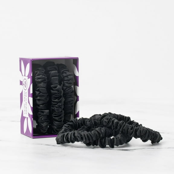 Mulberry Park Silks 100% Pure Silk Hair Scrunchies, 3 Pack - Prevents Frizz, Hair Breakage, Gentle On All Hair Types, Hair Accessories - Small- Midnight Black