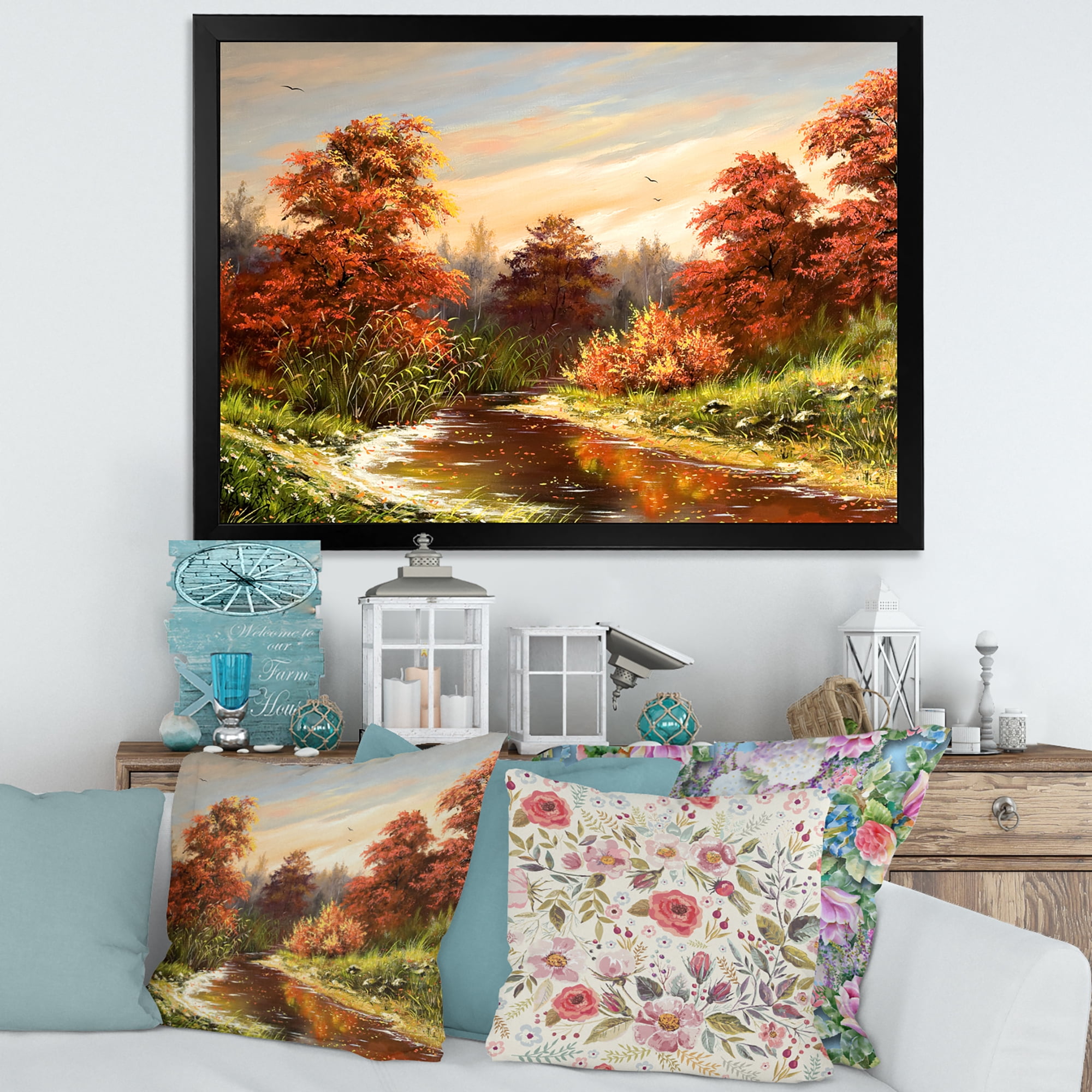 Designart 'The Wood River On A Decline In An Orange Autum Summer' Lake House Framed Art Print
