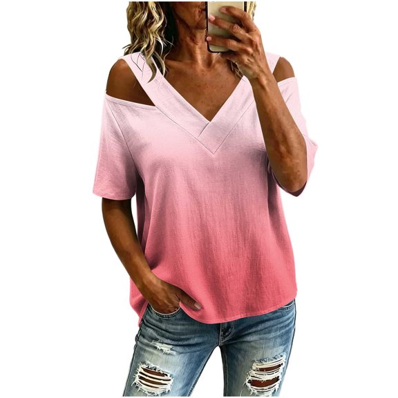 Guluxicc Women's Cold Shoulder Shirts Short Sleeve V Neck Graphic Tops for Summer Casual Outfits