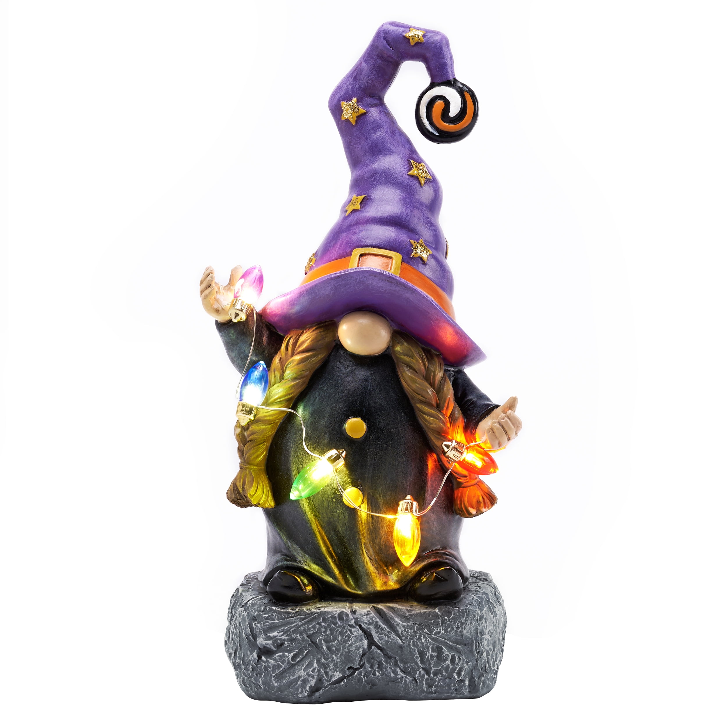 Teresa's Collections 8.8 inches Halloween Gnome Lighted Witch Hat Gnome Garden Statue Halloween Decor with Solar Colorful String Lights for Yard Patio Halloween Party Decoration