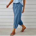 thumbnail image 4 of Women High Waist Linen Capri Pants Drawstring Elastic Waist Loose Cropped Trousers Side Pockets Button Cuff Casual Joggers, 4 of 5