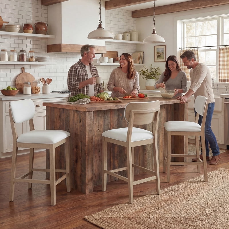 COLAMY Set of 4 Counter Height Bar Stools, Solid Wood Upholstered Barstools with Backrest, Modern Farmhouse Fabric Kitchen Island Stools，Natural