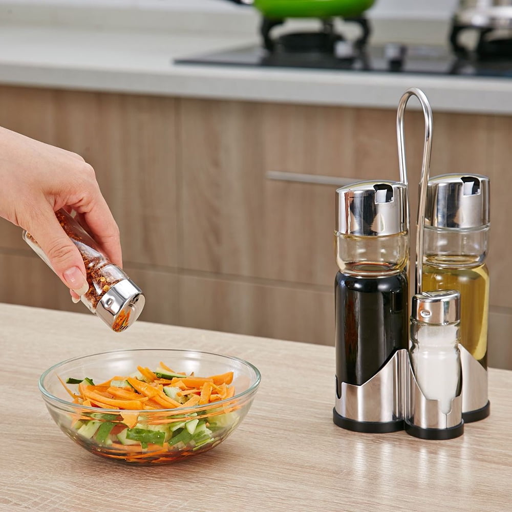 Seasoning Bottle Set Condiment Holder Seasoning Rack Four in One Oil Vinegar Dispensers Salt Pepper Shakers Glass Cruet Set with Convenient Caddy Stand Stainless Steel Tops Walmart