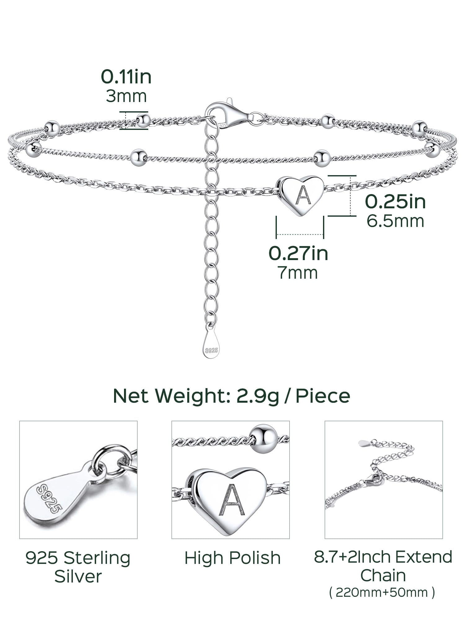 ChicSilver 925 Sterling Silver Layered Initial Anklet Bracelet Dainty Beaded Chain Anklet Adjustable 11" Waterproof Summer Beach Jewelry for Women