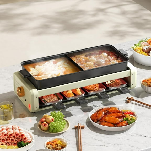 AORAN Smokeless Indoor Grill With Hot Pot – 1800W Electric BBQ, Yin-Yang Hot Pot & Griddle with 4 Free Tools – Adjustable Temperature Control, Non-Stick, Easy Clean, White