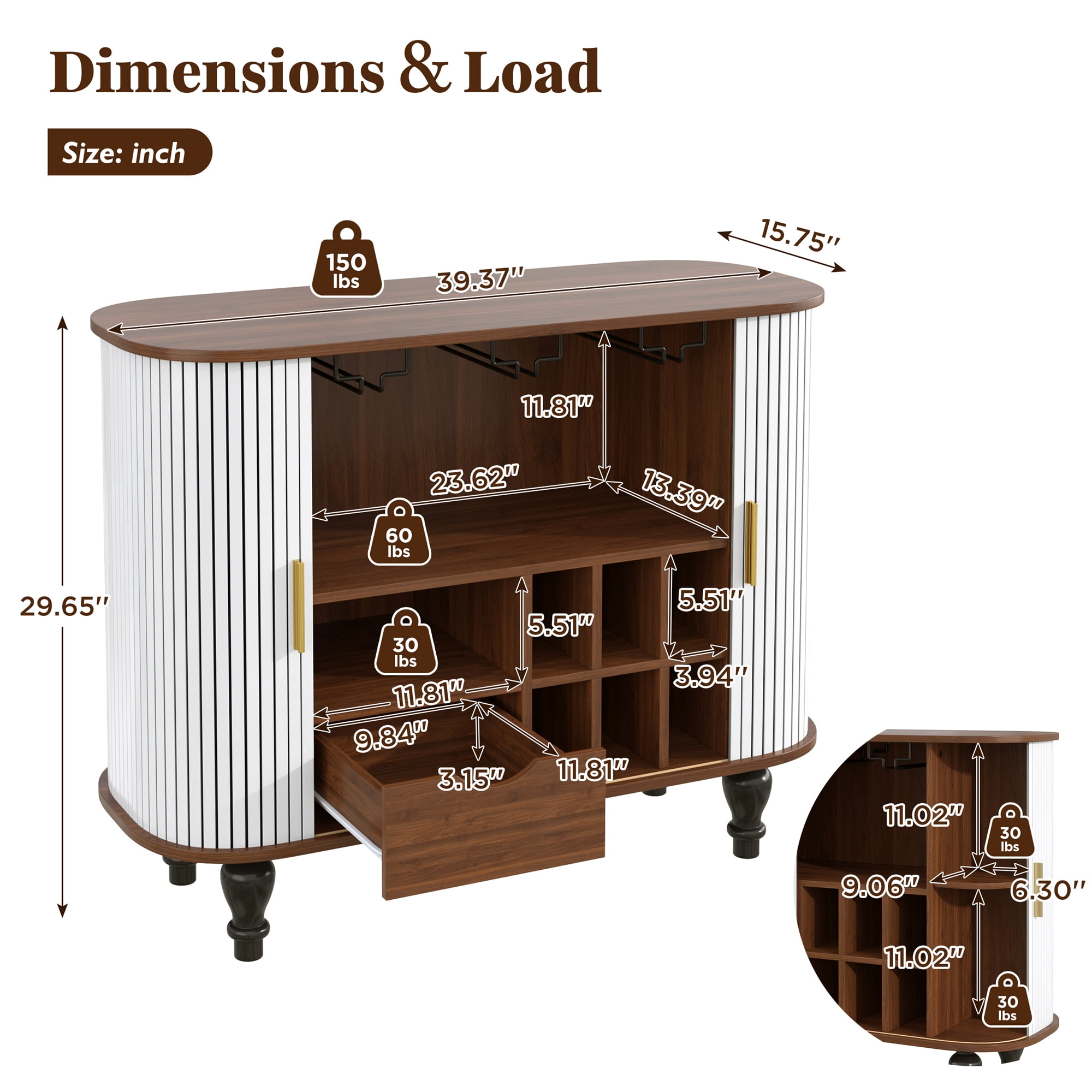 avobird 39" Fluted Liquor & Coffee Bar Cabinet with 6 Wine Racks and 3 Glass Holders, Mid-Century Modern Bar Cabinet with A Large Storage Drawer ,4 Hidden Storage Space on the Side , White