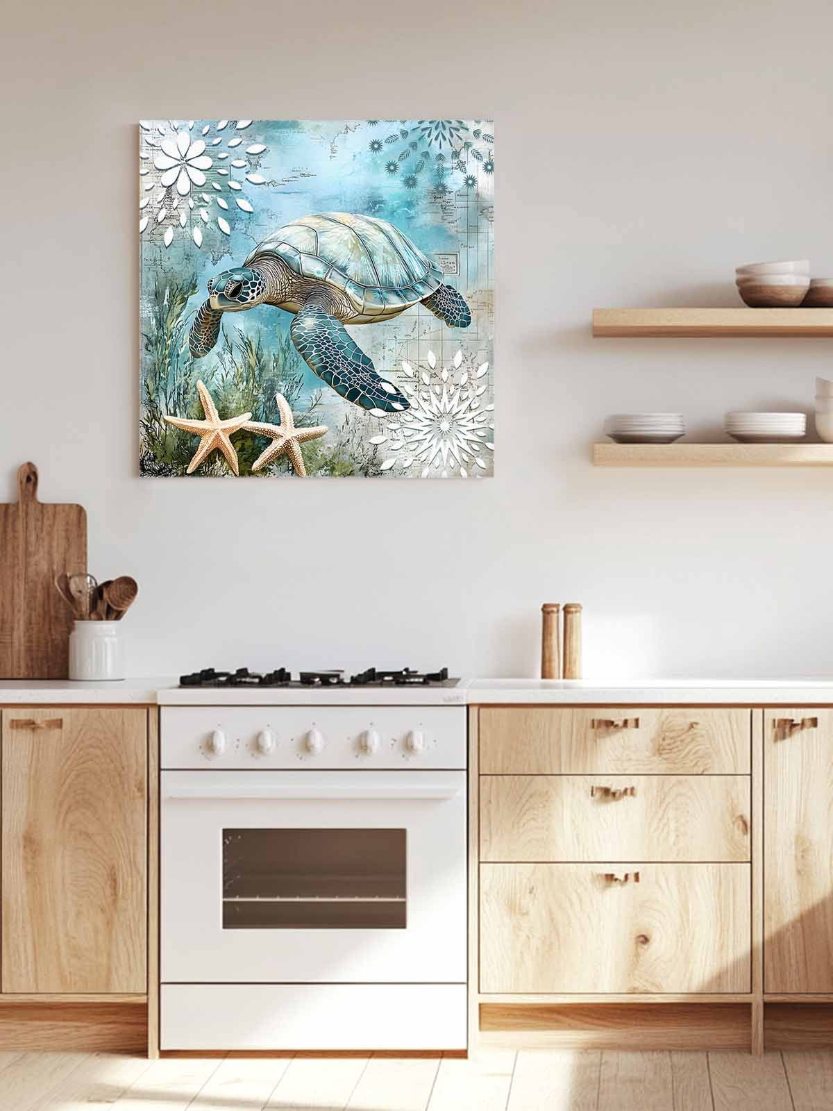 Retro Sea Turtles Canvas Wall Art, Ocean Sea Stars Corals Animal Framed Wall Decor Modern Artwork Prints Painting for Living Room, Bedroom, Kitchen & Cafe Decor 16x16 Inch