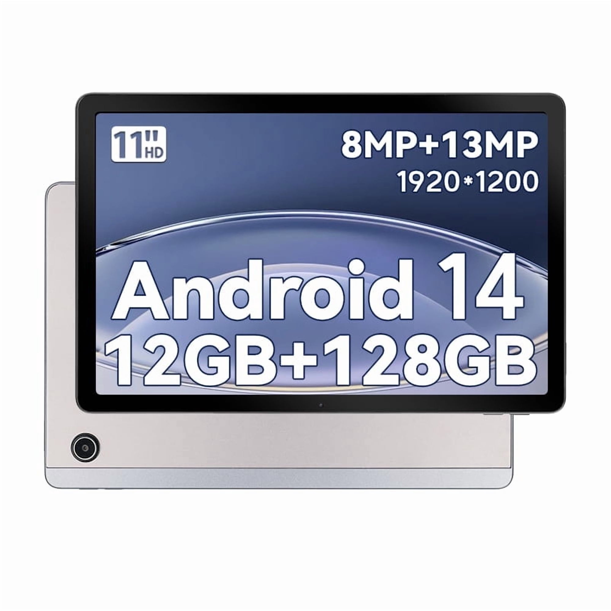 AEEZO 11inch Tablet Android 14, 12GB RAM+128GB ROM,2000x1200 FHD IPS Display, 6800mAh, Octa-Core,8MP+13MP Dual Cameras,Split-Screen with case,Silver