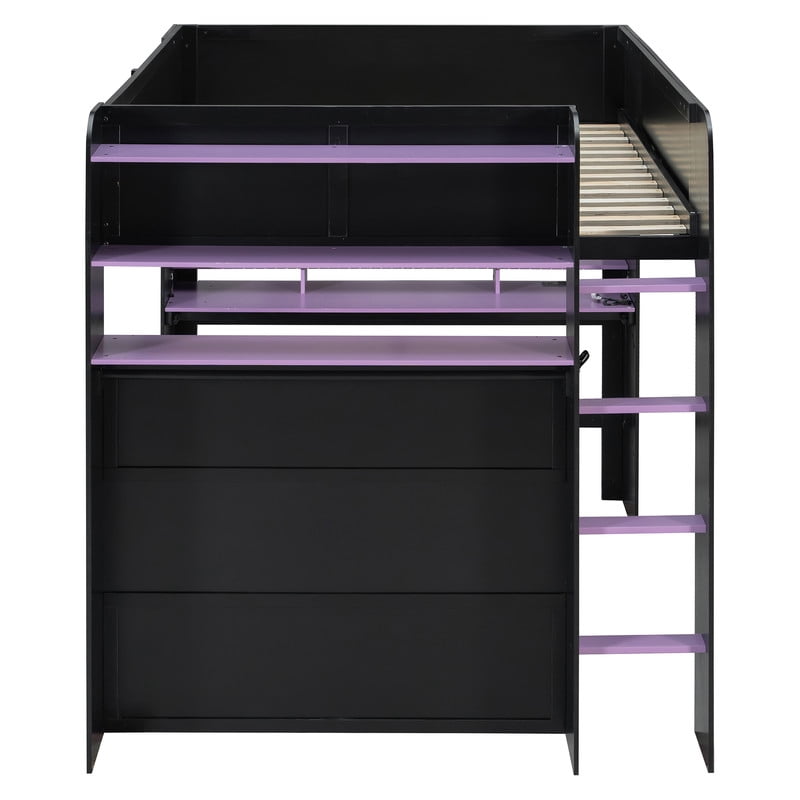 Full Size Wood Loft Bed with Desk, Wardrobe and Storage, Height Adjustable Gaming Loft Bed with USB Charging Port, RGB LED Light Strip, PC Tower Space and Shelves for Bedroom