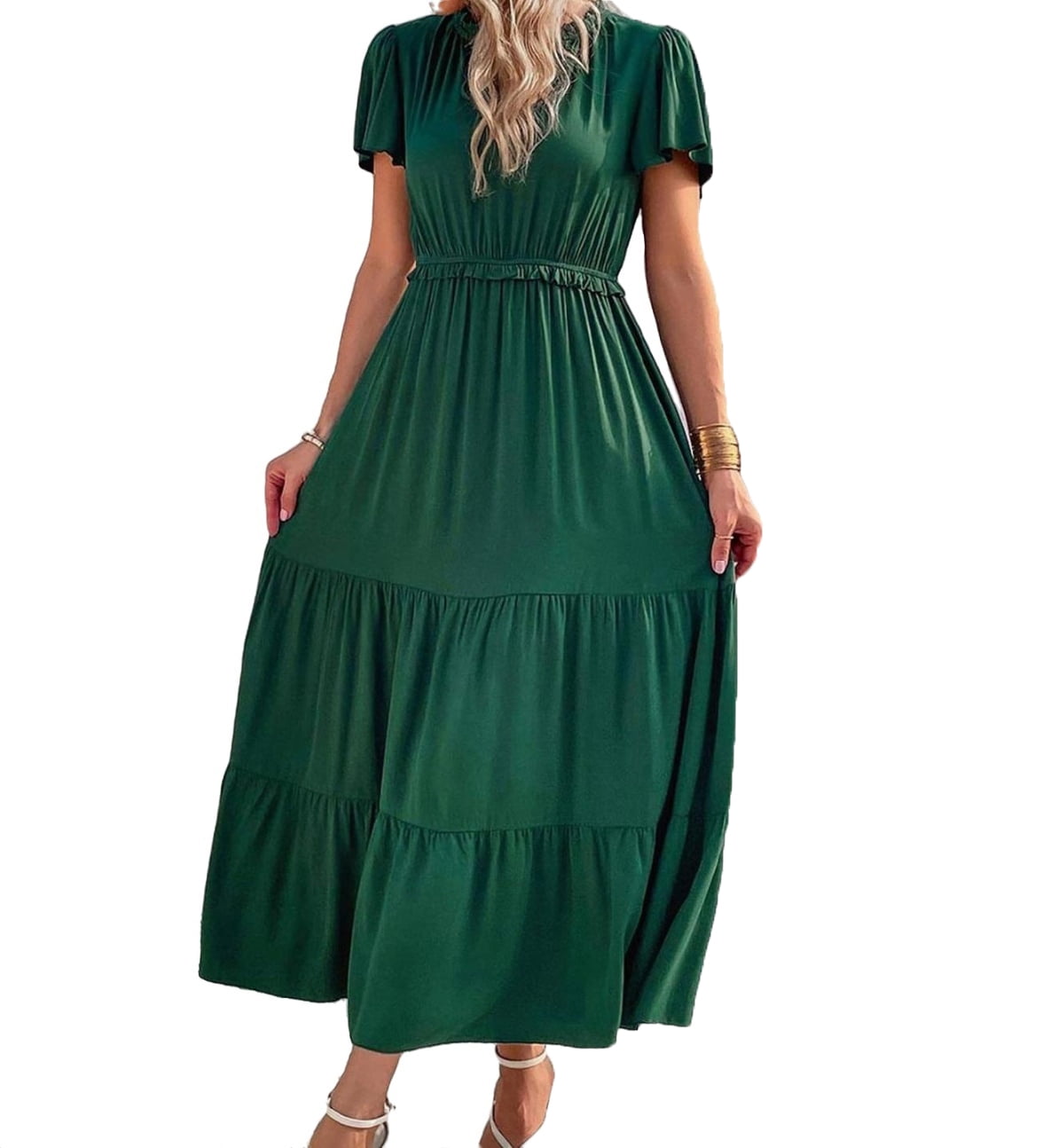 Elegant Plain Tie Neck A Line Dark Green (Women's Dresses)