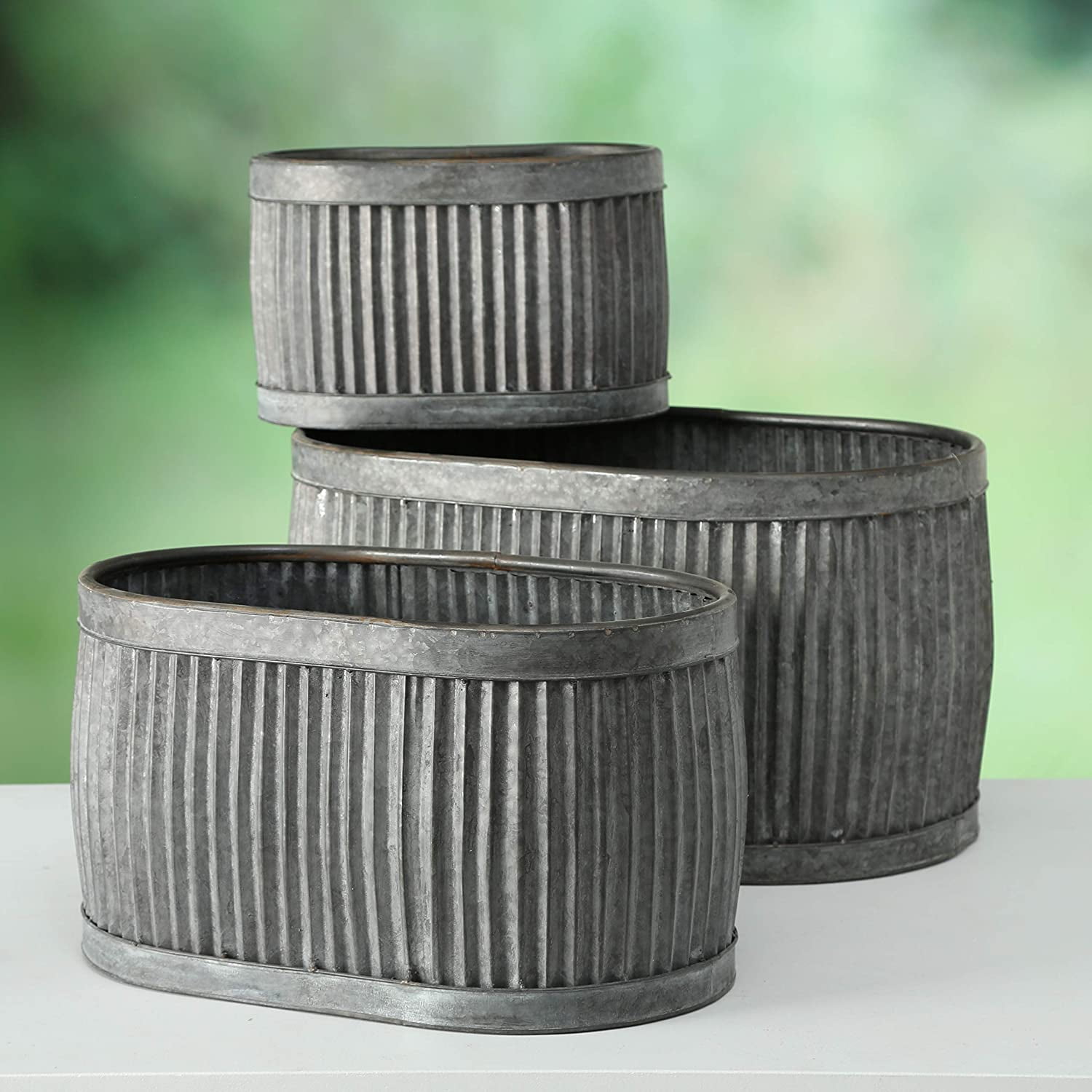 WHW French Country Style Oval Belly Planters, Set of 3, Gray, Galvanized Metal, Corrugated Cache Pots, 24.5, 20 and 14.5 inches