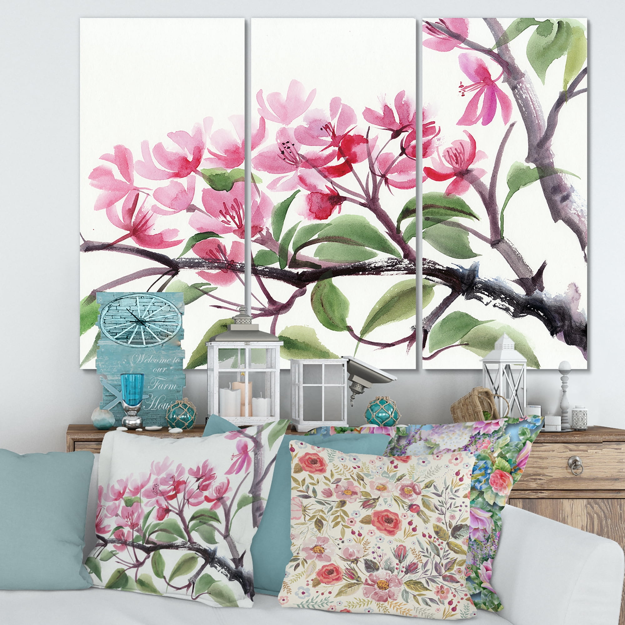 Designart ' Pink Blossoming Floral Tree ' Traditional Canvas Wall Art Print