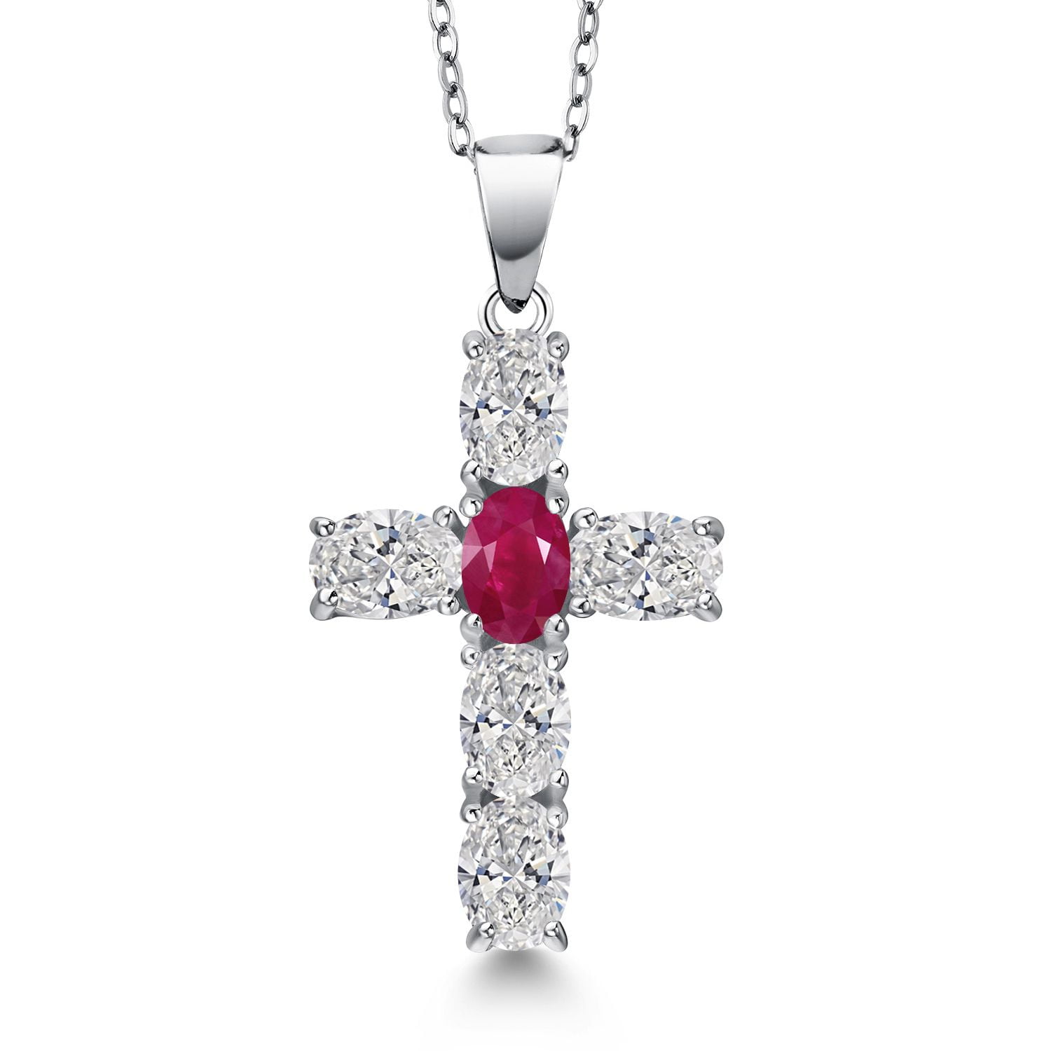 Gem Stone King 925 Sterling Silver Lab Grown Diamond and Red Ruby Cross Pendant Necklace for Women | 2.60 Cttw | Gemstone April Birthstone | Oval 6X4MM | With 18 inch Chain