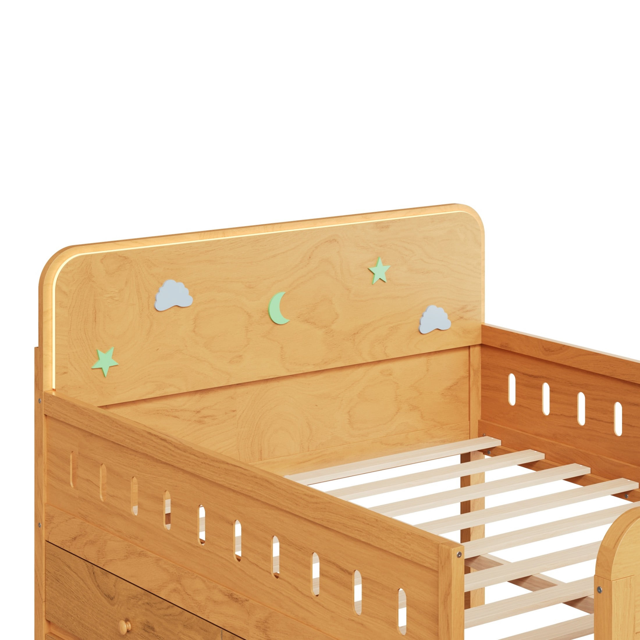 Alvantor Full Size Wooden Bed with LED Light,4 Storage Drawers and Ladder Storage, Wood Color