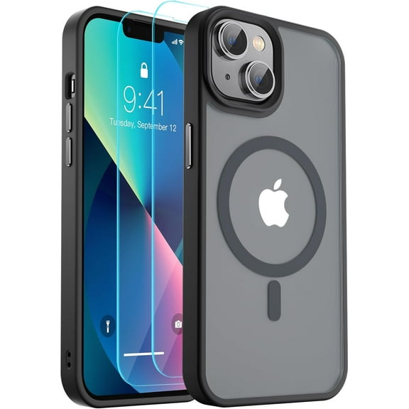 Magnetic for iPhone 13 Case, [Compatible with MagSafe][10 FT Military Grade Drop Protection] [2 Tempered Glass Screen Protector] Non-Slip Full-Body Shockproof Slim Phone Case,Matte Black