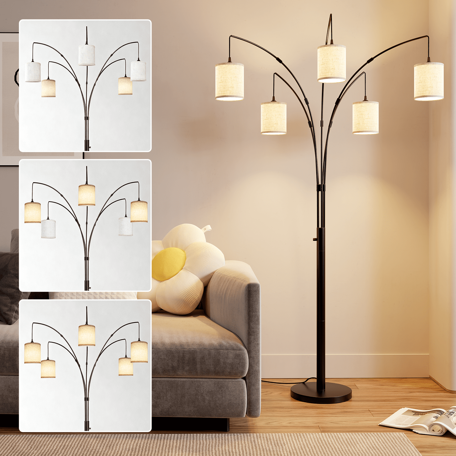 SUNMORY 5 Lights Tree Floor Lamp, 83.5" Large Tall Standing Lamp with Drum Linen Lampshade, Modern Arc Floor Lamps with Heavy Base & 5 Bulbs Included, Mid Century Arched Floor Lamp for Living Room