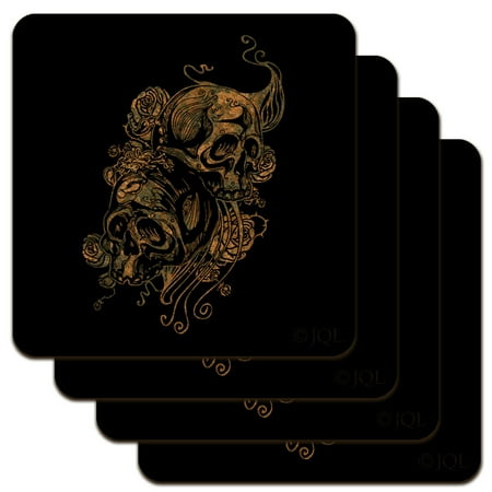 

Skulls and Roses Floral Flowers Biker Motorcycle Low Profile Novelty Cork Coaster Set