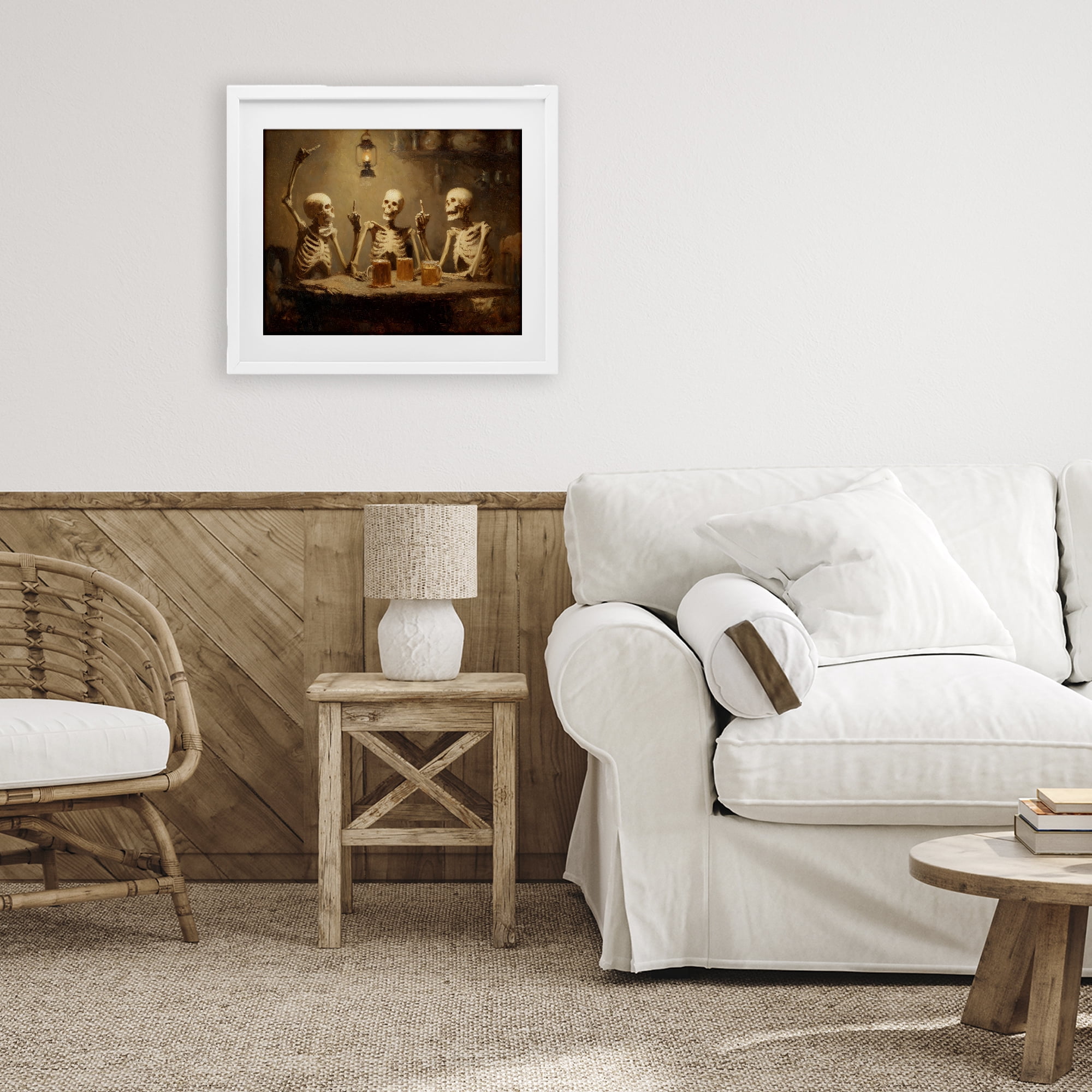 Skeletons Drinking at Tavern White Framed Print Under Glass, design by Arlington Prints