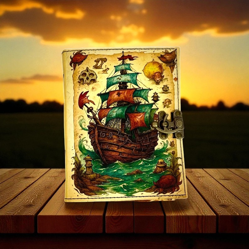 Handmade Leather Journal with Vintage Ship Artwork – 5x7 Inch Writing Notebook, 200 Handmade Deckle Pages, Antique-Style Lock, Travel Diary & Gift