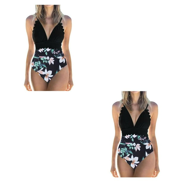 Traje de baño acolchado Greeniant mujer Negro + Flor Negra L