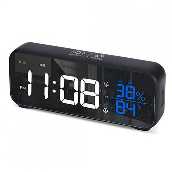 Led Digital Alarm Clock 12 24 Hour Adjustable Volume Brightness Mirror Clocks for Bedroom Home Office Black