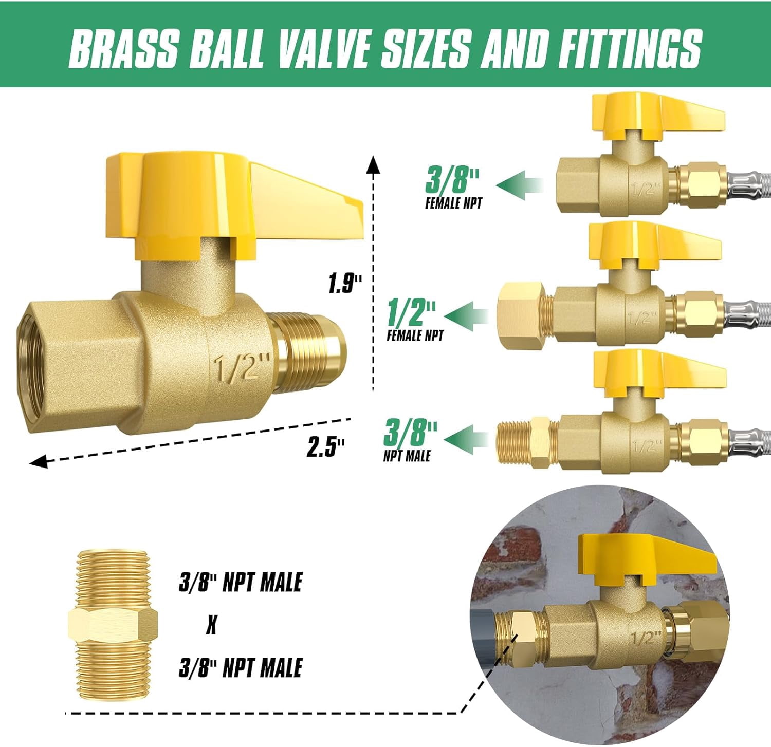 36FT 350PSI High-Pressure Braided Propane Hose, Brass Gas Ball Valve, with Adapters: 3/8" Flare to 1/2" F-NPT, 1/4" & 3/8" M-NPT, for BBQ Grills, Fire Pits, Heaters.