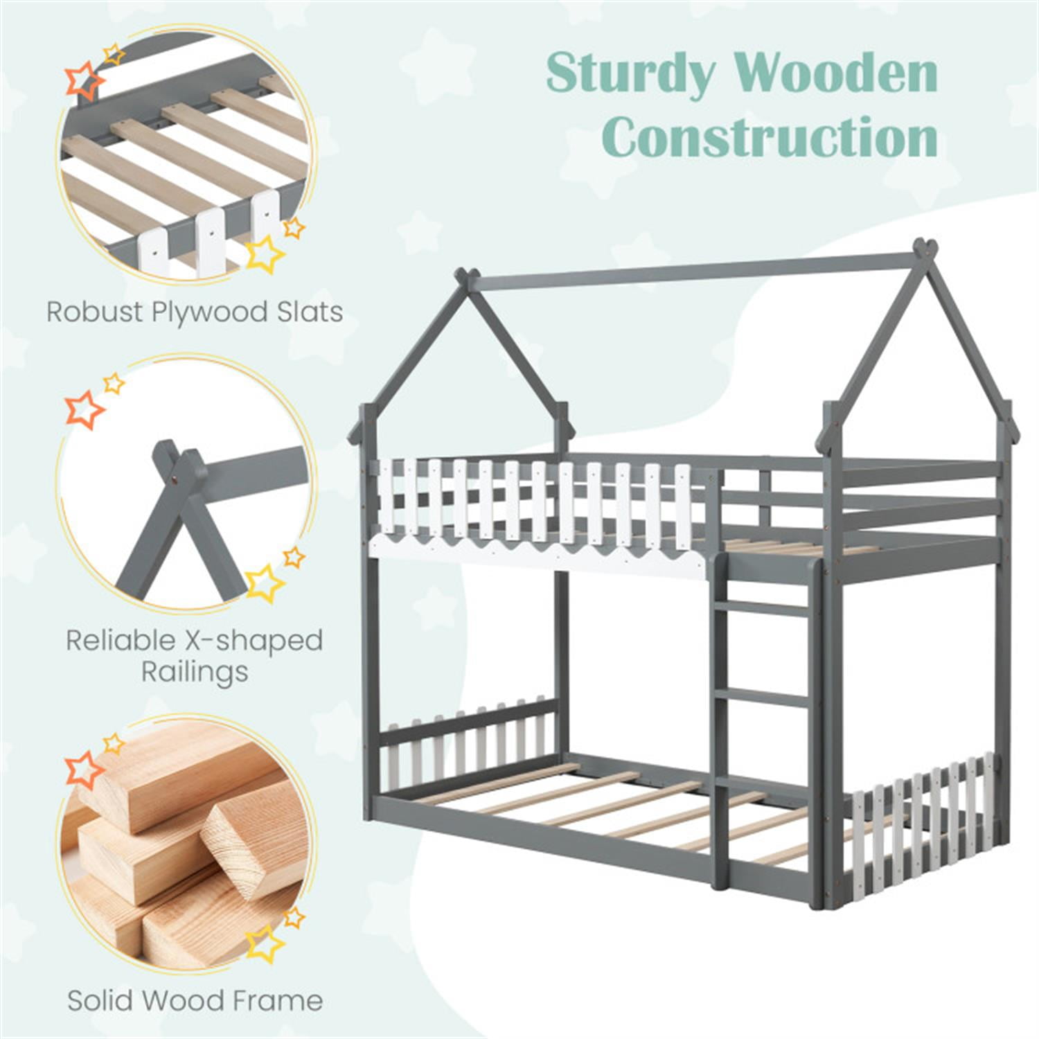 Demi Bonn Twin Over Twin Bunk Bed with Fence and Ladder, Twin Bunk Solid Wood Low Beds, Bed Frame, Gray