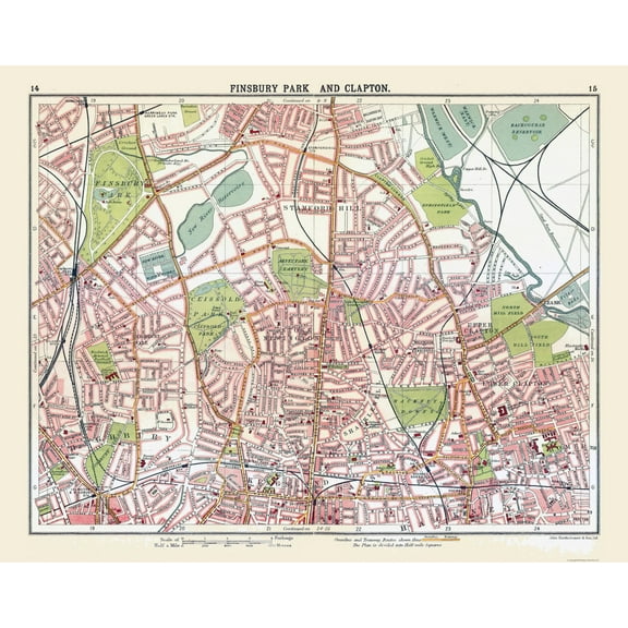 Historic Map - Finsbury Park Clapton London - Bartholomew 1921 - 28.87 x 23 - Vintage Wall Art