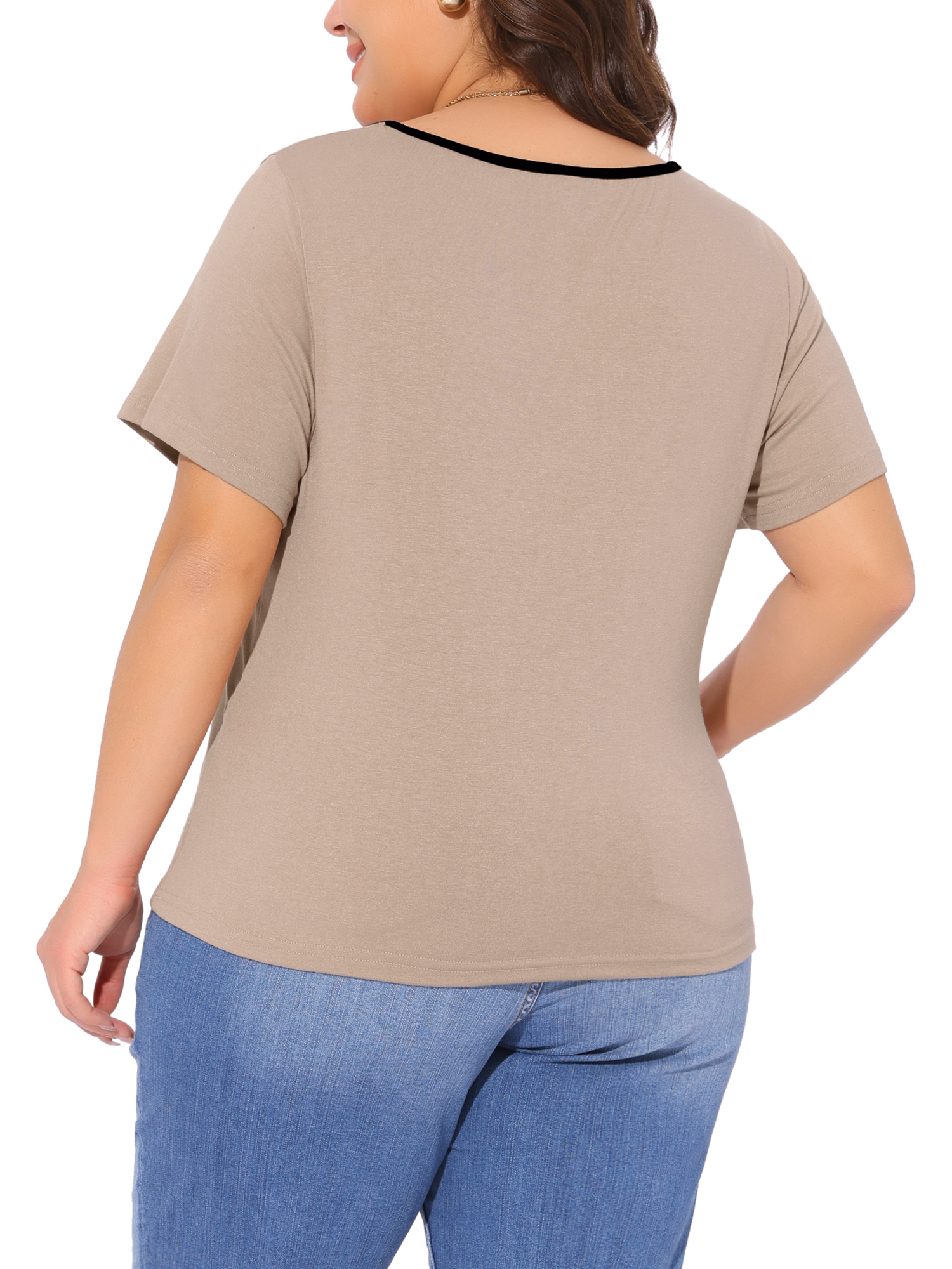 Women's Plus Blouse Sweetheart Neck Contrast Trim Tie Knot Short Sleeve Tee 4X Camel