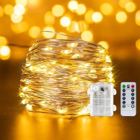 Fairy Lights Battery Operated String Lights with Remote Control Timer, 33Ft 100 LED Waterproof 8 Modes Copper Wire Warm White Twinkle String Lights for Christmas$$