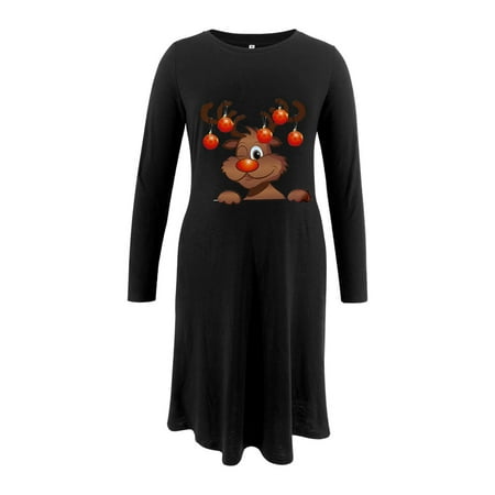 

Women Maternity Clothes Christmas Deer Head Printed Long Thickened Long Sleeve Round Neck Pocket Dress