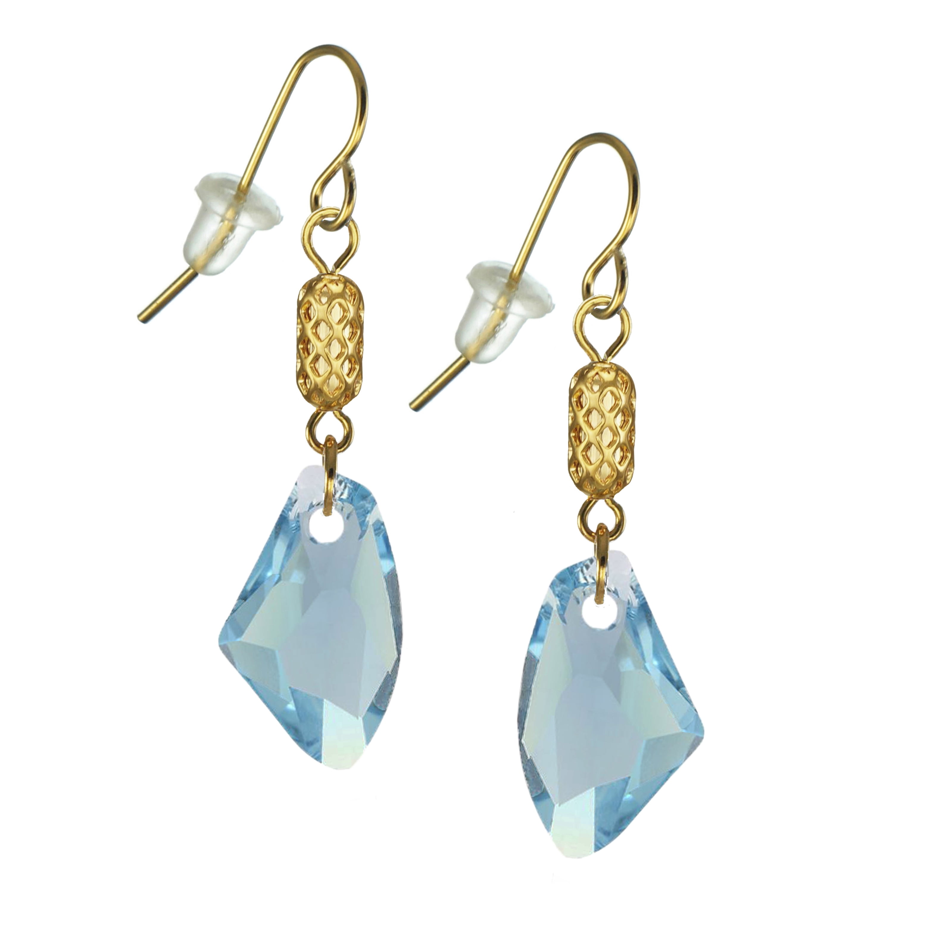 One Pair 19mm Austrian Galactic with Gold Woven Tube Dangle Earrings – Hypoallergenic Earwires - Aquamarine Blue