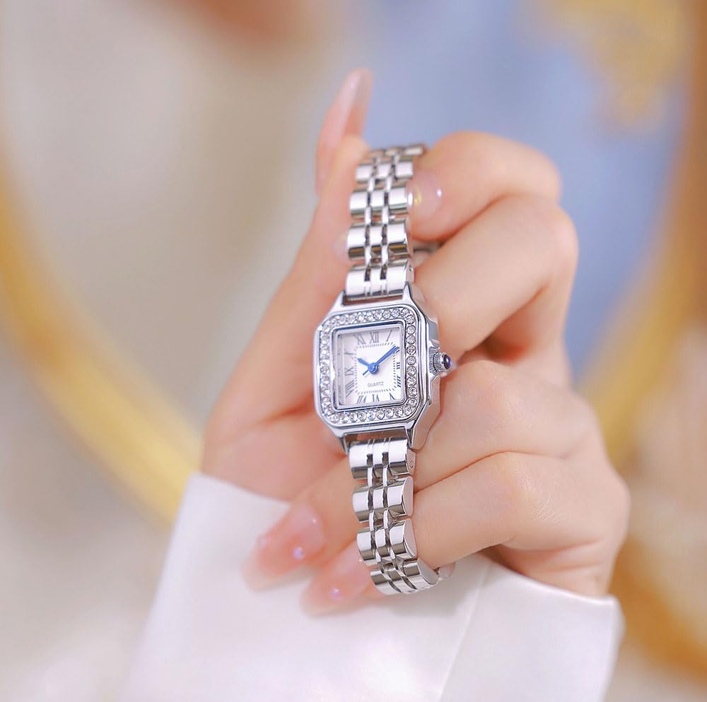 Gold Watches for Women Dainty Square Vintage Watches Luxury Ladies Diamond Accent Dress Stainless Steel Bracelet Watch Analog Quartz Waterproof Watch
