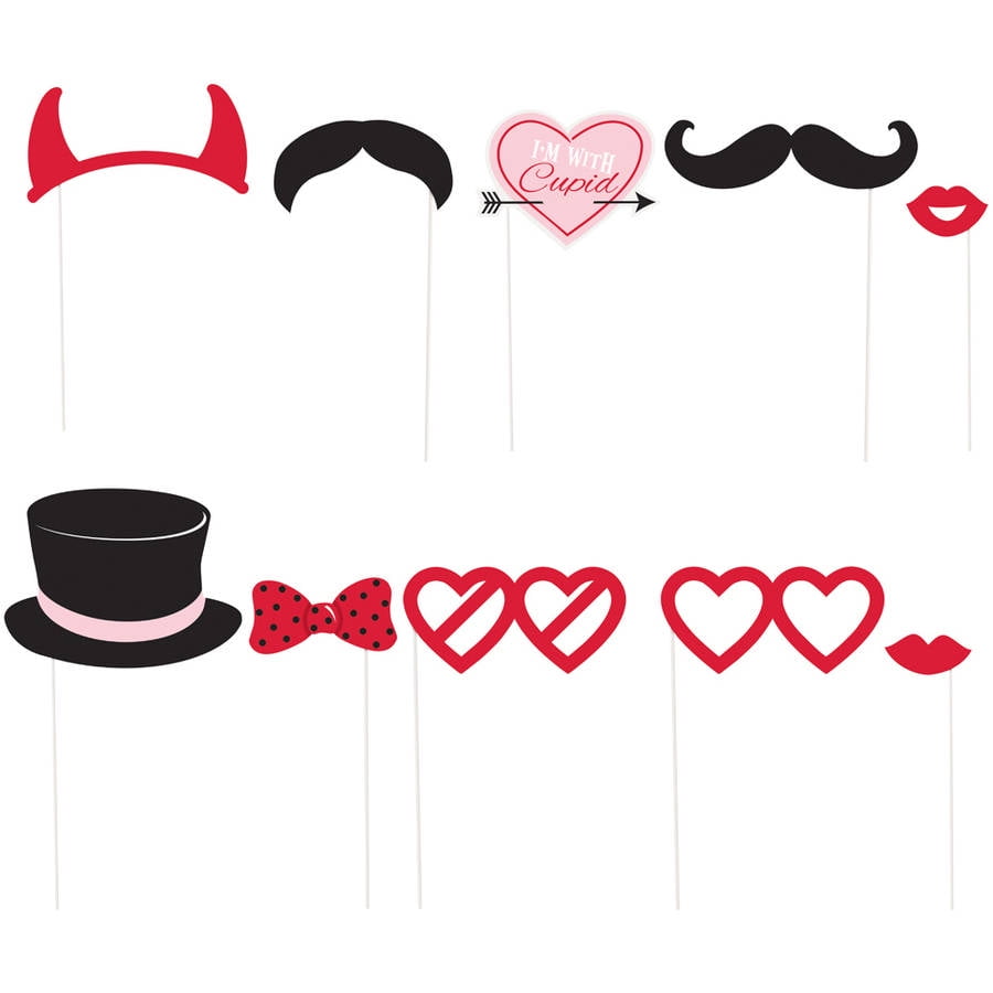 27PCS Valentines Day Supplies Photo Booth Party Props On A Stick Hearts Top Hat 