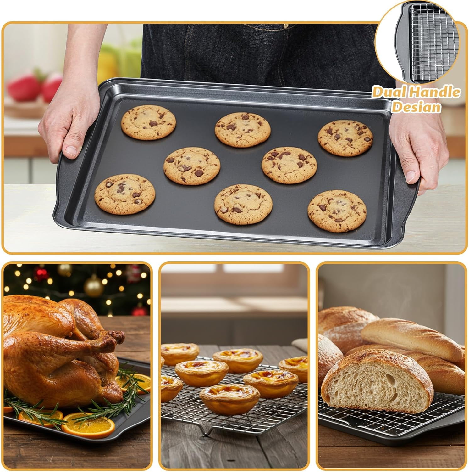 Baking Sheet with Cooling Racks, 17.3 x 11.8 x 0.5 inch Carbon Steel Cookie Sheets for Baking [2 Sheets + 2 Racks], Nonstick Baking Pans